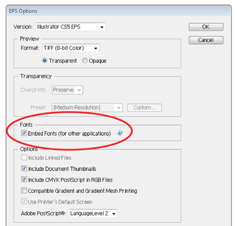 Adobe Illustrator dialog box showing EPS options with the box checked for embed fonts