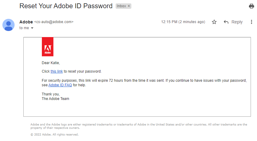 email from Adobe with a link to follow