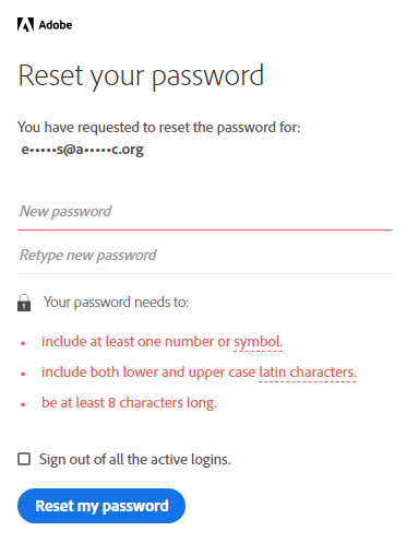 Adobe popup to enter and confirm a new password