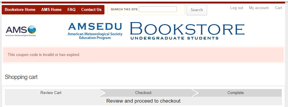 screenshot of bookstore with error message for invalid or expired coupon