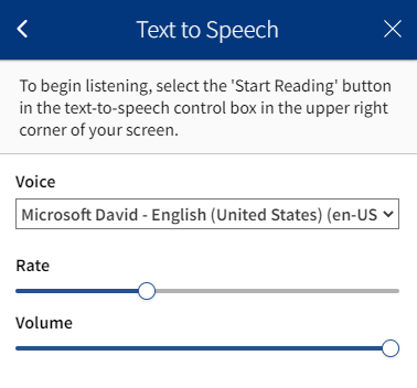 Menu of further options for the text-to-speech menu