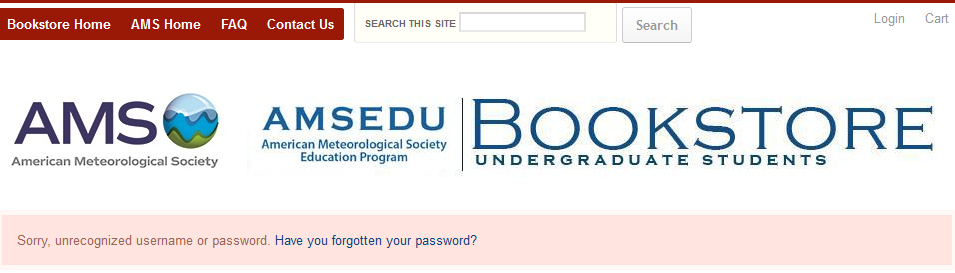 Homepage with unrecognize username or password error message